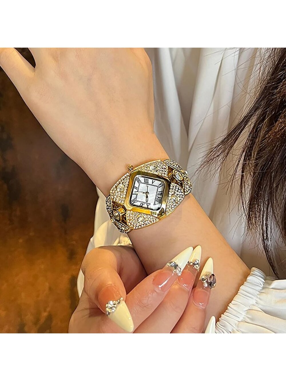 Women's Gold White Rhombic Square Rhinestone Bracelet Roman Numerals Dial Watch - Picture 4 of 7